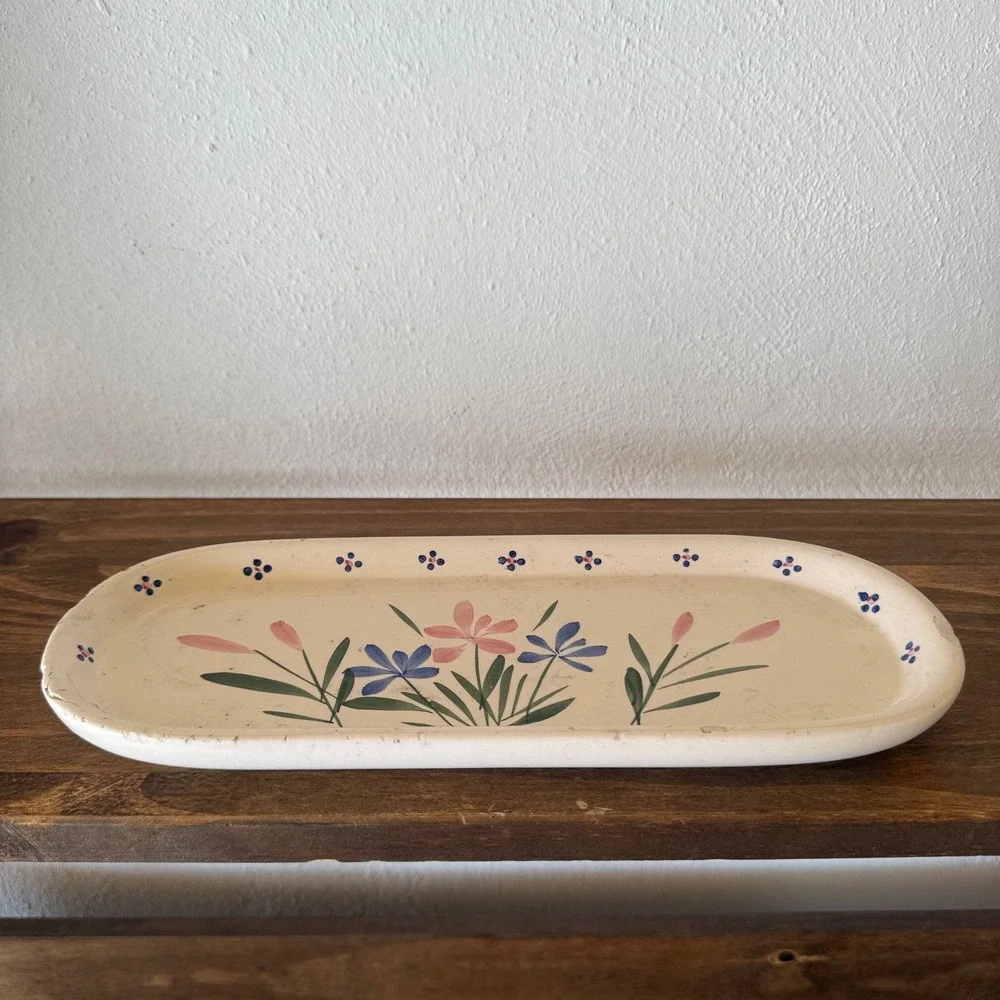 Vintage Hand Painted Floral Ceramic Tray Oval Folk Art Decorative Platter Cream
